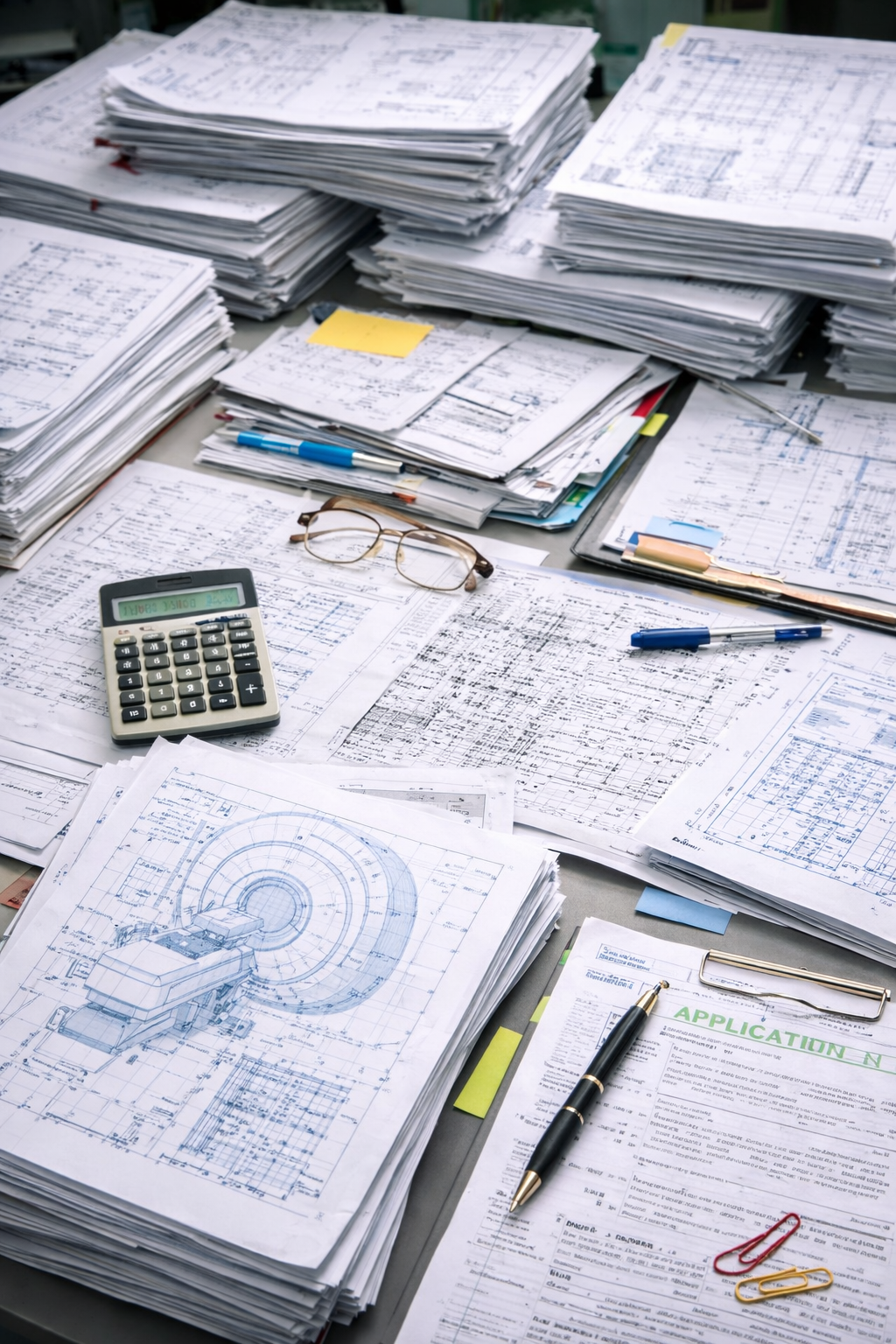 인허가 검토 자료와 도면이 쌓인 서류 더미